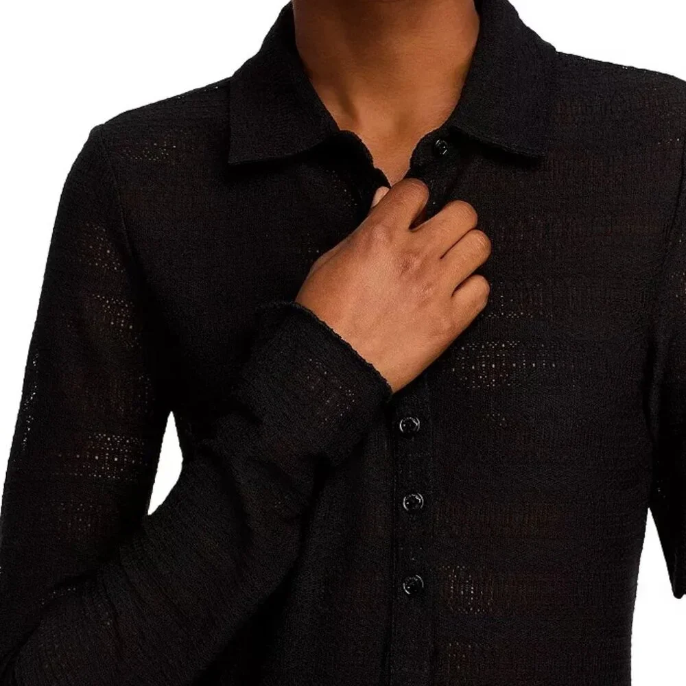 rag & bone Julia Textured Open-Knit Polo Top Black S NWT - Picture 3 of 9